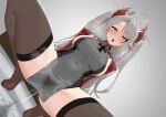  1girl absurdres ahoge azur_lane breasts brown_thighhighs commentary_request covered_navel dress gradient_background grey_background grey_dress grey_hair hakkaman119 highres large_breasts large_variant_set long_hair multicolored_hair open_mouth prinz_eugen_(azur_lane) pussy_juice sideboob solo squatting streaked_hair thick_thighs thighhighs thighs tongue two_side_up variant_set 