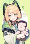  1girl absurdres animal_ear_headphones animal_ears aqua_necktie blonde_hair blue_archive blush bow buttons cat_ear_headphones cat_ears character_doll collared_shirt commentary doll doodle_sensei_(blue_archive) dot_nose fake_animal_ears green_background green_bow green_eyes green_halo green_jacket hair_bow halo headphones heart highres hood hood_down hooded_jacket hugging_doll hugging_object jacket long_sleeves looking_at_viewer low-tied_sidelocks medium_hair midori_(blue_archive) multicolored_jacket necktie nr_star open_clothes open_jacket open_mouth parted_bangs school_uniform sensei_(blue_archive) shirt short_necktie sidelocks simple_background solo spoken_blush two-tone_background unbuttoned upper_body white_background white_jacket white_shirt wide_sleeves 