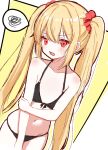  1girl bare_arms bare_shoulders bikini black_bikini blonde_hair blush breasts collarbone commentary_request cowboy_shot dutch_angle eyelashes frown hair_between_eyes hair_ornament hair_scrunchie halterneck highres long_hair looking_at_viewer navel o-ring o-ring_bikini o-ring_top open_mouth original outline red_eyes red_scrunchie sakura_mikan_(chirizakura) scrunchie sidelocks simple_background sketch small_breasts solo speech_bubble spoken_squiggle squiggle straight_hair sweatdrop swimsuit twintails v-shaped_eyebrows very_long_hair white_outline yellow_background 