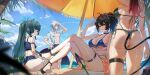  1boy 3girls absurdres alternate_costume ass beach beach_umbrella bikini black_hair blue_bikini blue_pants blue_sky breasts cloud commentary crossed_legs day front-tie_bikini_top front-tie_top green_hair grey_bikini highres holding holding_removed_eyewear jane_doe_(zenless_zone_zero) large_breasts long_hair looking_at_viewer maanu medium_breasts mouse_tail multiple_girls one_eye_closed open_clothes open_mouth open_shirt pants qingyi_(zenless_zone_zero) red_eyes red_hair sandals seth_lowell shirt sitting sky swimsuit symbol-only_commentary tail twintails umbrella unworn_eyewear white_sandals white_shirt zenless_zone_zero zhu_yuan 