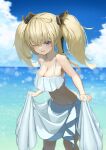  1girl absurdres bare_arms bare_shoulders bikini blonde_hair blue_sky blurry blurry_background breasts cleavage clothes_lift cloud collarbone day feet_out_of_frame frilled_bikini frills hair_between_eyes hair_ornament highres horizon large_breasts leaning_forward lens_flare long_hair maou_gakuin_no_futekigousha navel ocean one_eye_closed open_mouth outdoors purple_eyes sarong sarong_lift sasha_necron sky smile solo standing swimsuit topho950 twintails v-shaped_eyebrows water white_bikini white_sarong 