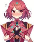  1girl @_@ black_gloves black_leotard blush bob_cut breasts closed_mouth commentary_request fingerless_gloves flying_sweatdrops gloves hands_up headpiece highres large_breasts leotard motion_lines nose_blush pyra_(xenoblade) red_eyes red_hair red_leotard shinae short_hair simple_background solo sweat swept_bangs upper_body wavy_mouth white_background xenoblade_chronicles_(series) xenoblade_chronicles_2 