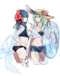  2girls alternate_hair_color ass bikini blue_eyes blue_hair breasts cleavage clovisxvii commentary_request crop_top cropped_legs dual_persona female_byleth_(enlightened)_(fire_emblem) female_byleth_(fire_emblem) fire_emblem fire_emblem:_three_houses flower food green_eyes green_hair hair_flower hair_ornament hand_on_own_hip hat highres jewelry large_breasts long_hair multiple_girls navel necklace popsicle sarong simple_background straw_hat swimsuit thighs white_background 