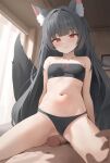  1boy 1girl absurdres animal_ear_fluff animal_ears artist_request black_bra black_hair black_panties bow bow_bra bra closed_mouth commission erection girl_on_top hetero highres indoors long_hair navel original panties penis red_bow red_eyes second-party_source smile solo_focus stomach straddling tail uncensored underwear 