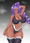  1girl absurdres arm_behind_head artist_name black_bra black_panties black_thighhighs blacked_(phrase) bra breasts cleavage clothes_writing dark-skinned_female dark_skin daruko536 eyeshadow highres indie_virtual_youtuber large_breasts long_hair looking_at_viewer makeup momma_occo navel octoling panties purple_eyes purple_eyeshadow purple_hair purple_lips queen_of_spades_symbol solo splatoon_(series) tentacle_hair thighhighs underwear underwear_writing virtual_youtuber 