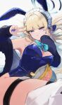  1girl :o absurdres animal_ears blonde_hair blue_archive blue_bow blue_eyes blue_leotard blue_nails blunt_bangs blurry blurry_background bow breasts chips_(food) cleavage commentary_request fake_animal_ears food hair_intakes halo highres koyuuuuuuuuuuu leotard long_hair looking_at_viewer lying maid_headdress nail_polish rabbit_ears solo strapless strapless_leotard thigh_strap toki_(blue_archive) toki_(bunny)_(blue_archive) w 