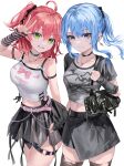  2girls ahoge alternate_costume belt black_bag black_choker black_ribbon black_shirt black_skirt black_sleeves blue_eyes blue_hair blush bow breasts brown_thighhighs choker cross cross_earrings detached_sleeves ear_piercing earrings fingernails green_eyes grey_shirt grin hair_ribbon highres hololive hoshimachi_suisei jewelry karanashi_noma large_breasts long_hair medium_hair midriff multiple_girls nail_polish navel necklace one_side_up piercing pink_belt pink_hair pink_nails pink_sleeves ribbon sakura_miko shirt simple_background skirt smile star_(symbol) star_in_eye striped_sleeves symbol_in_eye thigh_belt thigh_strap thighhighs thighs virtual_youtuber w white_background white_bow white_shirt y2k_fashion 