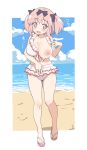  1girl absurdres bare_shoulders bikini black_bow blue_eyes blue_sky blush bow breasts cloud cloudy_sky collarbone day flower_in_eye flying_sweatdrops frilled_bikini frills full_body hair_bow hibari_(senran_kagura) highres large_breasts looking_down medium_hair navel nipples one_breast_out open_mouth outdoors pink_hair pink_sandals sandals senran_kagura senran_kagura_shoujo-tachi_no_shin&#039;ei sincos sky solo stomach swimsuit symbol_in_eye thighs two_side_up white_background white_bikini 