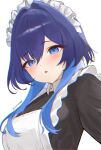  1girl apron blue_eyes blue_hair blush chromatic_aberration commentary frilled_apron frills hair_between_eyes highres hololive hololive_english long_hair looking_at_viewer maid_headdress multicolored_hair official_alternate_costume open_mouth ouro_kronii ouro_kronii_(maid) sidelocks simple_background solo tententempe two-tone_hair upper_body virtual_youtuber white_apron white_background 