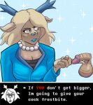 anthro balls blonde_hair blue_horn blue_lipstick blue_nose bodily_fluids bovid breasts caprine carol_holiday clothed clothing deer deltarune digital_media_(artwork) disembodied_penis erection eyebrows female frown gem genital_fluids genitals hair horn humiliation jewelry lips lipstick makeup male mammal mature_female necklace new_world_deer pearl_(gem) pearl_necklace penis penis_humiliation pickleticklr reindeer scowl simple_background small_penis_humiliation solo suit_jacket text threatening_words undertale_(series)