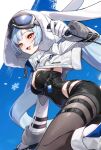  1girl :t ;p absurdly_long_hair animal animal_ears animal_hood belt black_belt black_leotard black_pantyhose black_shorts blue_hair blue_sky blush breasts buckle chest_harness closed_mouth commentary_request day gloves goggles goggles_on_head harness highleg highleg_leotard highres holding_ski_pole hood hood_up hooded_jacket id_card jacket large_breasts leg_warmers lens_flare leotard long_hair long_sleeves looking_at_viewer loose_socks medium_breasts mountainous_horizon multiple_expressions nabezuru one_eye_closed open_clothes open_jacket open_mouth original outdoors pantyhose pout rabbit rabbit_ear_headwear rabbit_ears rabbit_girl rabbit_hood rabbit_tail scarf short_shorts shorts ski_boots ski_goggles ski_pole skiing skis sky smile snap-fit_buckle snow snowflakes socks tail thigh_belt thigh_strap tongue tongue_out very_long_hair white_gloves white_hood white_jacket yellow_eyes yellow_scarf 