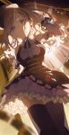  1girl absurdres backlighting bare_shoulders belt belt_pouch blue_eyes bow breasts ceras_yanagida_lilienfeld clock closed_mouth commentary_request earrings frilled_skirt frills from_below hand_up hat highres jewelry link!_like!_love_live! long_sleeves looking_at_viewer love_live! medium_breasts official_alternate_costume pouch retrofuture_(love_live!) skirt solo sunkeun thighhighs zettai_ryouiki 