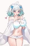  1girl absurdres ahoge aqua_hair artist_name blush bow bow_panties breasts cape cleavage commentary commission convenient_censoring cowboy_shot english_commentary evangellium four-finger_heart_hands frilled_panties frills gradient_hair green_hair hair_bow hair_ornament heart heart_hands highres hitodama indie_virtual_youtuber looking_at_viewer maid_headdress medium_hair mint_fantome multicolored_hair navel off_shoulder open_mouth panties pointy_ears simple_background solo stomach thighs triangular_headpiece two_side_up underwear virtual_youtuber white_background white_cape white_hair white_panties wisps_(mint_fantome) x_hair_ornament 
