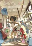  1boy 1girl alolan_sandslash armaldo artist_name black_hair black_undershirt blue_eyes blue_hair blue_nails bone carbink cradily crown dark-skinned_female dark_skin dated diamond_earrings e_volution earrings hand_on_own_hip heart_scale highres indoors jewelry life_orb looking_up lycanroc lycanroc_(midnight) navel olivia_(pokemon) open_clothes open_mouth open_shirt orb pink_shorts pokemon pokemon_(creature) pokemon_masters_ex pokemon_oras pokemon_sm probopass ring sableye short_shorts shorts steven_stone steven_stone_(summer_2020) table white_shorts 