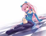  boots china_dress chinese_clothes double_bun dress hiroki_shin long_hair looking_at_viewer lying megurine_luka nail_polish on_side pink_hair red_eyes sitting smile solo thigh_boots thighhighs vocaloid 