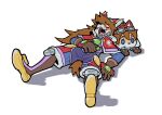  1boy alm_lobo animal_ears blush bone_in_mouth closed_mouth dog_boy dog_ears dog_tail furry furry_male goggles goggles_on_headwear hashtag-only_commentary highres little_tail_bronx lying male_focus on_back open_mouth red_savarin sleeping solatorobo stuffed_animal stuffed_toy tail white_background 