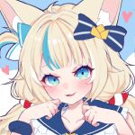  1girl absurdres ahoge animal_ear_fluff animal_ears blonde_hair blue_bow blue_collar blue_eyes blue_hair blue_scrunchie blush bow cat_ears collar english_commentary fang frilled_shirt_collar frills hair_bow heart highres indie_virtual_youtuber kuzuhaa lifebuoy_hair_ornament long_hair looking_at_viewer low_twintails multicolored_hair one_side_up open_mouth sameko_saba scrunchie skin_fang smile solo streaked_hair twintails very_long_hair virtual_youtuber 