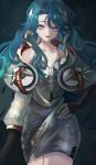  1girl :d bare_shoulders blue_hair cowboy_shot dress green_eyes hand_on_own_hip highres hissabeth jacket long_hair pencil_dress red_pupils reverse:1999 short_dress silver_dress sleeveless sleeveless_dress slit_pupils smile snake snake_on_head solo spaghetti_strap star_(sky) starry_sky_background utagawa_niki white_jacket 