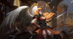  1girl angel angel_wings chinnkun fantasy feathered_wings feathers halo holding holding_sword holding_weapon legend_of_the_cryptids long_hair looking_at_viewer multiple_wings orange_eyes painterly pointy_ears puffy_short_sleeves puffy_sleeves ruins seraph short_sleeves sword thighhighs weapon wings wings_of_fire yellow_halo 