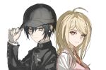 1boy 1girl ahoge akamatsu_kaede backpack bag black_hair black_jacket blonde_hair danganronpa_(series) danganronpa_v3:_killing_harmony fu_ga_(vivi912912) hair_between_eyes hair_ornament hand_on_headwear hat highres jacket long_sleeves looking_at_another looking_at_viewer lower_eyelashes_only musical_note musical_note_hair_ornament necktie pink_eyes pink_sweater_vest saihara_shuichi shirt simple_background sketch sweater_vest upper_body white_background 