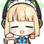  1girl :3 :d animal_ear_headphones animal_ears animated animated_gif apron aqua_bow aqua_bowtie black_dress blonde_hair blue_archive blunt_bangs blunt_ends blush_stickers bow bowtie cat_ear_headphones cat_ears chibi chunye_haruya closed_eyes collared_dress commission contrast_collar dot_nose dress empty_wallet facing_viewer fake_animal_ears green_halo halo headphones holding holding_wallet lowres maid maid_apron maid_headdress midori_(blue_archive) midori_(maid)_(blue_archive) missing_commentary official_alternate_costume official_alternate_hairstyle open_mouth ponytail second-party_source short_hair sidelocks simple_background smile solo teardrop transparent_background upper_body wallet white_apron white_headdress 