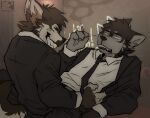 anthro between_legs canid canine canis cigarette clenched_teeth clothed clothing domestic_dog donovan_(maggotnizer) dry_humping duo fancy_clothing fully_clothed grinding hi_res hip_grab humping husky maggotnizer male male/male mammal necktie nordic_sled_dog pinned spitz suit teeth travis_(maggotnizer)