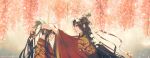  2boys alternate_costume artist_name bishounen black_hair chinese_clothes chinese_wedding closed_mouth couple dappled_sunlight day dress dressing_another english_commentary eye_contact flower from_side grey_eyes hair_ribbon hands_on_another&#039;s_head hanfu headband height_difference high_ponytail highres lan_wangji long_hair long_sleeves looking_at_another male_focus minataka94 modao_zushi mountain multiple_boys outdoors petals pink_flower ponytail profile red_hanfu red_headband red_ribbon ribbon ribboned_xiao_guan robe sidelocks smile sunlight topknot upper_body very_long_hair watermark wedding_dress wei_wuxian wide_sleeves wisteria xiao_guan_(headdress) yaoi yellow_eyes 