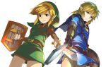  2boys belt black_capelet black_eyes blonde_hair blue_eyes blue_tunic bright_pupils brown_belt brown_gloves brown_pants brown_shorts brown_sleeves capelet champion&#039;s_tunic_(zelda) closed_mouth commentary_request dual_persona earrings fingerless_gloves gloves green_hat green_tunic hair_tie hat holding holding_shield holding_sword holding_weapon in-franchise_crossover jewelry layered_sleeves left-handed link long_sleeves male_focus multiple_boys pants pointy_ears ponytail shield short_over_long_sleeves short_ponytail short_sleeves shorts sidelocks simple_background sparks sword the_legend_of_zelda the_legend_of_zelda:_breath_of_the_wild the_legend_of_zelda_(nes) transparent_background tunic weapon white_pupils yuuki_shin 
