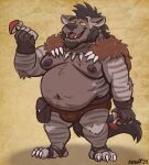2025 anthro bear belly big_belly clothing facial_hair fingerless_gloves fungus gloves gnoll handwear hi_res hyena male mammal moobs mushroom nanoff navel nipples solo underwear