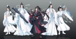  5boys absurdres ahoge artist_name black_boots black_eyes black_hair black_hanfu blue_sash boots bracer brothers chinese_clothes closed_mouth dizi english_commentary floating_hair flute flute_tassel full_body gradient_background grey_background grey_eyes guqin hair_ribbon hand_on_own_hip hand_up hanfu headband high_ponytail highres holding holding_flute holding_instrument holding_scroll holding_sword holding_weapon instrument jian_(weapon) lan_jingyi lan_sizhui lan_wangji lan_xichen long_hair long_sleeves looking_at_viewer male_focus minataka94 modao_zushi multiple_boys open_mouth over_shoulder ponytail red_eyes red_ribbon red_sash reflective_floor ribbon robe sash scroll sheath sheathed siblings sidelocks simple_background smile standing sword sword_tassel tassel topknot transverse_flute very_long_hair watermark weapon wei_wuxian white_boots white_hanfu white_headband white_ribbon wide_sleeves xiao_(instrument) xiao_guan_(headdress) yaopei yellow_eyes 