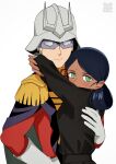  1boy 1girl arms_around_neck black_dress black_hair blonde_hair blush char_aznable dark-skinned_female dark_skin dress epaulettes eye_mask gloves green_eyes gundam gundam_gquuuuuux hair_bun helmet hetero high_collar highres hug jacket long_sleeves looking_at_viewer military_jacket military_uniform red_jacket short_hair simple_background smile upper_body white_background yy_shibata 