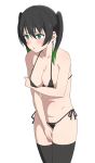  arm_under_breasts bikini black_bikini black_hair black_thighhighs breasts collarbone cowboy_shot embarrassed goa1126 gradient_hair green_eyes green_hair highres long_hair looking_to_the_side love_live! love_live!_nijigasaki_high_school_idol_club medium_breasts micro_bikini multicolored_hair navel side-tie_bikini_bottom simple_background swimsuit takasaki_yu thighhighs twintails white_background 
