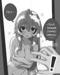  ! 1girl 1other ahoge blush breasts cleavage collarbone commentary crossed_bangs derivative_work doorway embarrassed flower greyscale hair_between_eyes highres hololive hololive_english large_breasts long_hair looking_at_viewer m_r_b monochrome multicolored_hair naked_towel nanashi_mumei parted_lips pov pov_hands soap_bubbles speech_bubble streaked_hair towel vector_trace very_long_hair virtual_youtuber wet 