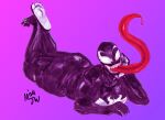 2024 5_fingers 5_toes absurd_res bald big_butt black_body black_skin butt countershade_feet countershading feet feet_up female fingers foot_focus gradient_background head_on_hand hi_res humanoid large_tongue long_tongue looking_at_viewer lying markings marvel mjw_darkmode on_front pink_background pinup pose purple_background red_tongue she-venom signature simple_background soles solo solo_focus symbiote toes tongue traditional_media_(artwork) venom_(marvel) white_markings