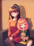  2girls absurdres ahoge anya_(spy_x_family) artist_name black_dress black_hair blush child closed_eyes commentary couch dress earrings eden_academy_school_uniform english_commentary hairband highres holding holding_stuffed_toy indoors jewelry long_hair mimichair mother_and_daughter multiple_girls on_couch pantyhose pink_hair red_eyes red_sweater school_uniform shadow short_hair sleeping spy_x_family stuffed_toy sweater sweater_dress white_hairband yor_briar 