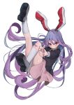  1girl absurdres animal_ears black_jacket black_shoes blazer closed_mouth collared_shirt commentary finger_gun full_body highres jacket kararage_tsune kneehighs leg_up long_hair long_sleeves looking_at_viewer necktie pink_skirt pointing pointing_at_viewer purple_hair rabbit_ears red_eyes red_necktie reisen_udongein_inaba shirt shoes simple_background skirt socks solo thighs touhou v-shaped_eyebrows very_long_hair white_background white_shirt white_socks 