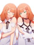  2girls :d ^_^ absurdres arm_support armpit_crease bare_shoulders black_bow black_bowtie black_choker blunt_bangs bow bowtie breasts buttons center_frills choker closed_eyes closed_mouth collarbone detached_collar detached_sleeves dress dual_persona frills green_eyes hair_ornament hair_ribbon half-closed_eyes highres kingdom_hearts kingdom_hearts_iv kingdom_hearts_x long_hair long_sleeves looking_at_viewer low_twintails multiple_girls open_mouth orange_hair orange_ribbon reflection ribbon sidelocks simple_background sitting smile strelitzia_(kingdom_hearts) twintails very_long_hair w3n6ev white_background white_dress x_hair_ornament 