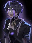  1boy absurdres arm_at_side armor backlighting black_hair black_sleeves blood blunt_ends clutching_chest eyeliner eyeshadow furisode genshin_impact glowing glowing_eyes gold hand_on_own_chest hand_up highres japanese_armor japanese_clothes jewelry kimono kote kurokote layered_sleeves makeup male_focus mandarin_collar mitsudomoe_(shape) multicolored_hair neck_ring nero_hanken open_mouth purple_aura purple_blood purple_hair purple_rope purple_sleeves red_eyeliner red_eyeshadow rope scaramouche_(genshin_impact) shimenawa short_sleeves solo streaked_hair tears teeth tomoe_(symbol) upper_body upper_teeth_only watermark white_eyes white_rope wide-eyed wispy_bangs 