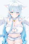  1girl absurdres animal_ears bell belt blue_background blue_belt blue_choker blue_collar blue_eyes blue_hair blue_theme blue_trim blush bra breasts cat_cutout cat_ears cat_girl cat_lingerie cat_tail choker cleavage cleavage_cutout closed_mouth clothing_cutout collar collarbone commission detached_sleeves dolphin_shorts extra_ears frilled_bra frills highres huge_breasts indie_virtual_youtuber jingle_bell long_hair looking_at_viewer natsumiya_ramune navel neck_bell nikumega pink_lips pout reaching reaching_towards_viewer ribbed_sleeves shorts skeb_commission solo stomach sweat tail tearing_up thighhighs thighs underwear virtual_youtuber white_bra white_shorts white_sleeves white_thighhighs 
