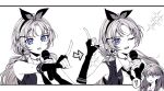  2girls 596_(_gokuraku_joudo) ;d bow_hairband choker collarbone collared_shirt commentary_request curtained_hair dancing elbow_gloves fingerless_gloves fujishima_megumi gloves greyscale hair_ornament hairband highres holding holding_microphone i_do_me!_(love_live!) index_finger_raised link!_like!_love_live! long_hair looking_at_viewer love_live! low_twintails microphone monochrome motion_lines multiple_girls multiple_views necktie official_alternate_costume one_eye_closed open_collar open_mouth osawa_rurino parted_bangs purple_eyes sequential shirt simple_background sleeveless sleeveless_jacket smile sparkle speech_bubble speed_lines spot_color teeth translation_request twintails two_side_up virtual_youtuber white_background x_hair_ornament 