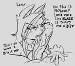 annoyed anthro blush blush_lines cosplay dialogue duo embarrassed english_text fellatio female genitals jenne_(roccorox) licking looking_at_viewer male male/female monochrome oral penile penis penis_lick roccorox sex text tongue vein veiny_penis
