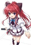  1girl :d black_ribbon black_socks blue_ribbon blush braid brown_shoes buttons commentary_request coralmoti2025 diploma_tube double-breasted eyelashes eyes_visible_through_hair foot_out_of_frame foreshortening frilled_skirt frills hair_between_eyes hair_intakes hair_ribbon happy highres holding inui_sana juliet_sleeves kneehighs loafers long_hair long_sleeves looking_at_viewer mashiroiro_symphony miniskirt neck_ribbon open_mouth outstretched_arm pleated_skirt ponytail puffy_sleeves purple_eyes reaching reaching_towards_viewer red_hair ribbon school_uniform shirt shoes sidelocks simple_background single_braid skirt smile socks solo standing very_long_hair white_background white_shirt white_skirt 