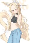  1girl absurdres alternate_costume animal_ear_fluff animal_ears bare_arms bare_shoulders black_shirt blonde_hair blue_archive blue_pants blush bow breasts brown_eyes casual closed_mouth commentary cowboy_shot crop_top cross_halo curled_fingers denim ear_wreath expressionless flower forehead fox_ears gradient_eyes hair_flower hair_ornament halo hands_on_own_chest highres jeans legs_together long_hair looking_at_viewer midriff multicolored_eyes navel pants parted_bangs pink_eyes ribbed_shirt ribbon seia_(blue_archive) shirt simple_background sleeveless sleeveless_shirt small_breasts solo standing stomach sweatdrop tail tail_bow tail_ornament turtleneck turtleneck_shirt twitter_username white_background white_bow white_flower yamano_rokamizu yellow_eyes yellow_halo yellow_tail 