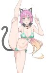  1girl absurdres ahoge animal_ears anyoji_hime bell bikini black_choker black_ribbon black_tail blue_eyes blush breasts cat_ears cat_tail choker collarbone commentary gradient_hair green_bikini hair_intakes hair_ribbon highres large_breasts leg_up limelam06 link!_like!_love_live! long_hair looking_at_viewer love_live! multicolored_hair navel neck_bell open_mouth paw_print pink_hair ponytail ribbon side-tie_bikini_bottom simple_background solo split standing standing_on_one_leg standing_split stomach swimsuit tail thighs v white_background 