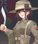  1girl absurdres ammunition_pouch artist_name belt breast_pocket british_army brown_belt brown_hair brown_hat brown_jacket campaign_hat commentary flag_background gurkha hat hat_ornament highres holding holding_knife jacket knife kukri leochan1202 long_sleeves looking_at_viewer military military_rank_insignia military_uniform open_mouth original patch pocket pouch red_eyes short_hair shoulder_patch solo union_jack upper_body world_war_ii 