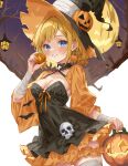  1girl absurdres bandaged_wrist bandages black_dress black_hat blonde_hair blue_eyes blush breasts bucket collarbone commentary_request dress earrings food food-themed_earrings fruit grin halloween halloween_bucket hat highres holding holding_bucket holding_pumpkin iwato_(celler) jack-o&#039;-lantern jewelry looking_at_viewer medium_breasts orange_(fruit) orange_scrunchie orange_slice original pumpkin pumpkin_earrings scrunchie short_hair skull smile solo thigh_scrunchie thighhighs witch witch_hat 