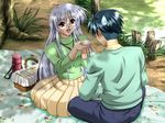  1boy 1girl aoyama_takano game_cg glasses long_hair picnic purple_eyes sitting sweatdrop tsukushite_agechau_4 white_hair 