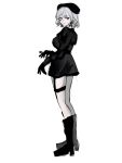  1girl akai_ringo_(eveyuno) black_dress boots dress highres long_sleeves looking_at_viewer original smirk standing white_background white_hair 