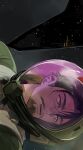  1boy beard black_hair challia_bull cockpit commentary_request daneda facial_hair green_eyes gundam gundam_gquuuuuux helmet male_focus mecha_pilot_suit mustache open_mouth short_hair sideways solo space space_helmet 