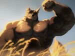 4:3 absurd_res anthro barazoku blue_sky brown_body brown_fur brown_penis canid canine dust_yang flexing flexing_bicep front_view fur genitals glistening glistening_eyes green_eyes hi_res humanoid_genitalia humanoid_penis looking_at_viewer male mammal mouth_closed muscular muscular_anthro muscular_male narrowed_eyes nipples nude outside pecs penis sky solo torn_ear whiskers